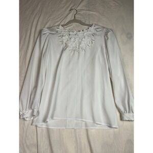 Nilani White Floral Applique Embroidered Blouse Button Back Vintage Style 13/14